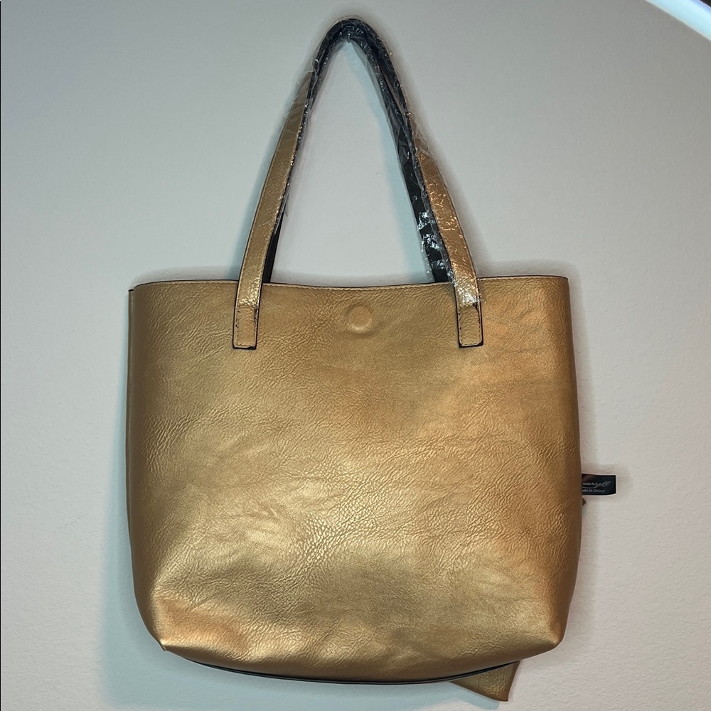 K. Carroll Chic Gold & Brown Reversible Tote Bag Bow & Pouch RFID NWT - Picture 5 of 7